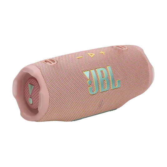 Pink JBL Charge 6 portable speaker with fabric grille and top playback buttons