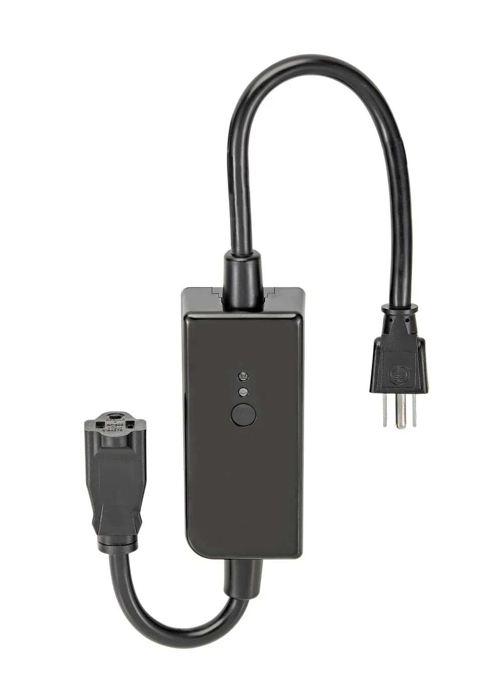 Black Leviton D215O outdoor plug with its short power cord and single controlled outlet