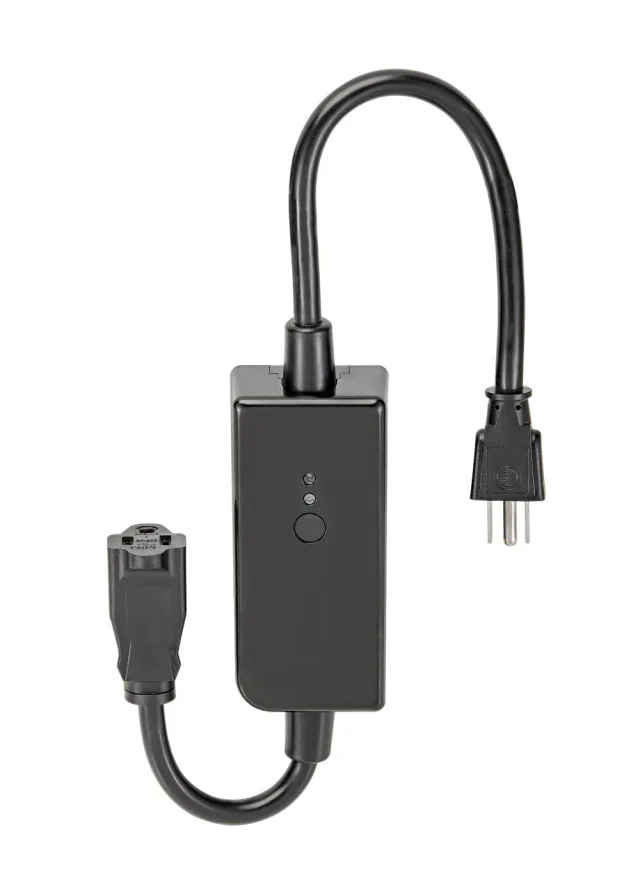 Black Leviton D215O outdoor plug with its short power cord and single controlled outlet