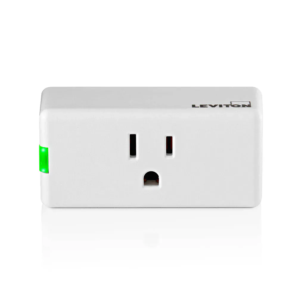 White Leviton D215P smart plug with one grounded US outlet and a green side button