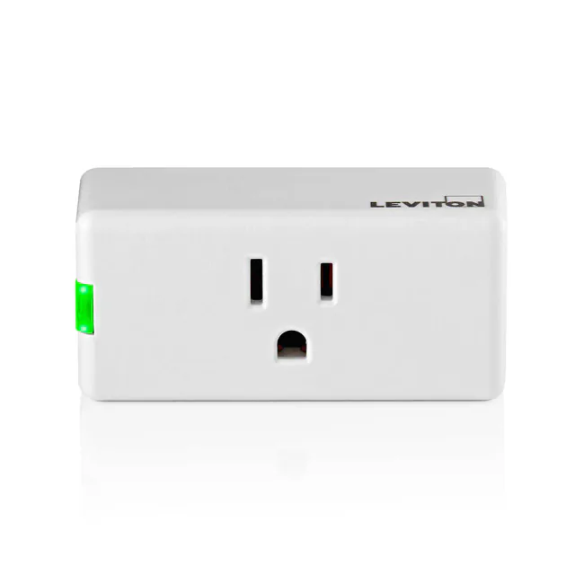 White Leviton D215P smart plug with one grounded US outlet and a green side button