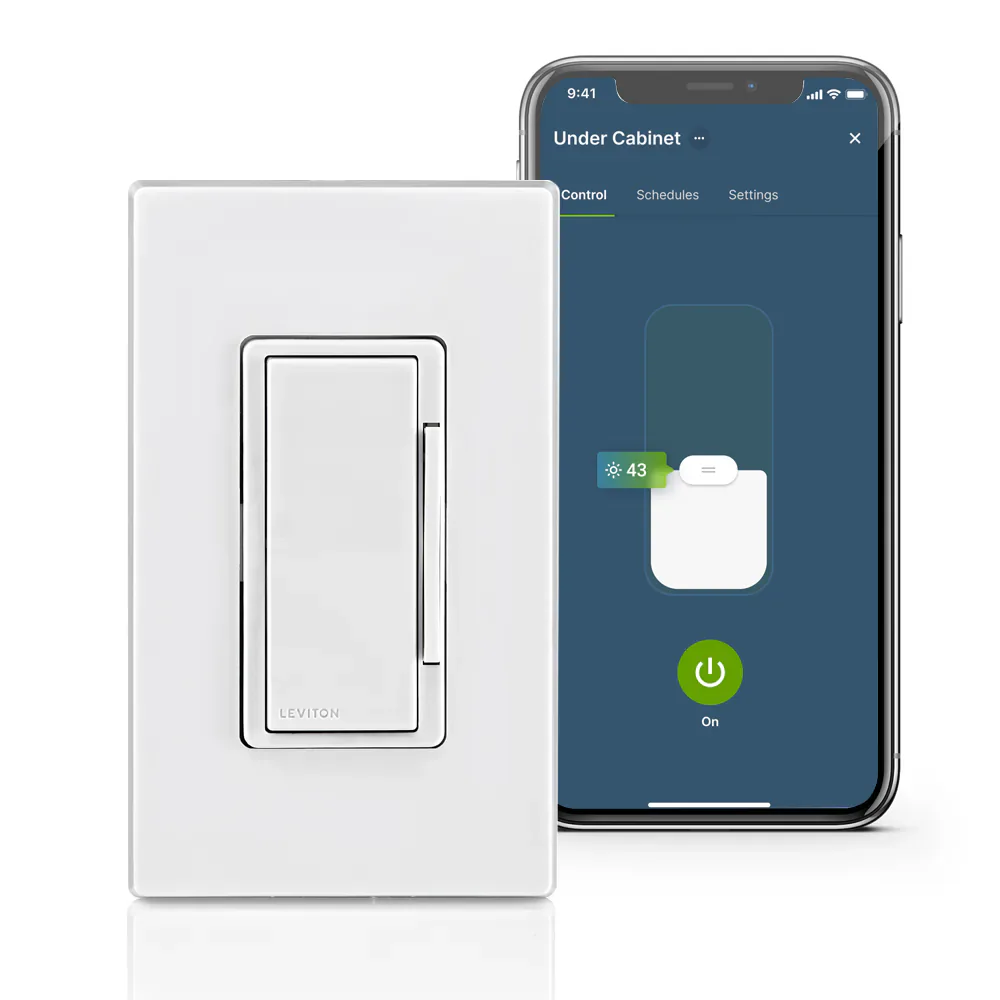 White Leviton D2ELV dimmer in front of a phone showing My Leviton controls