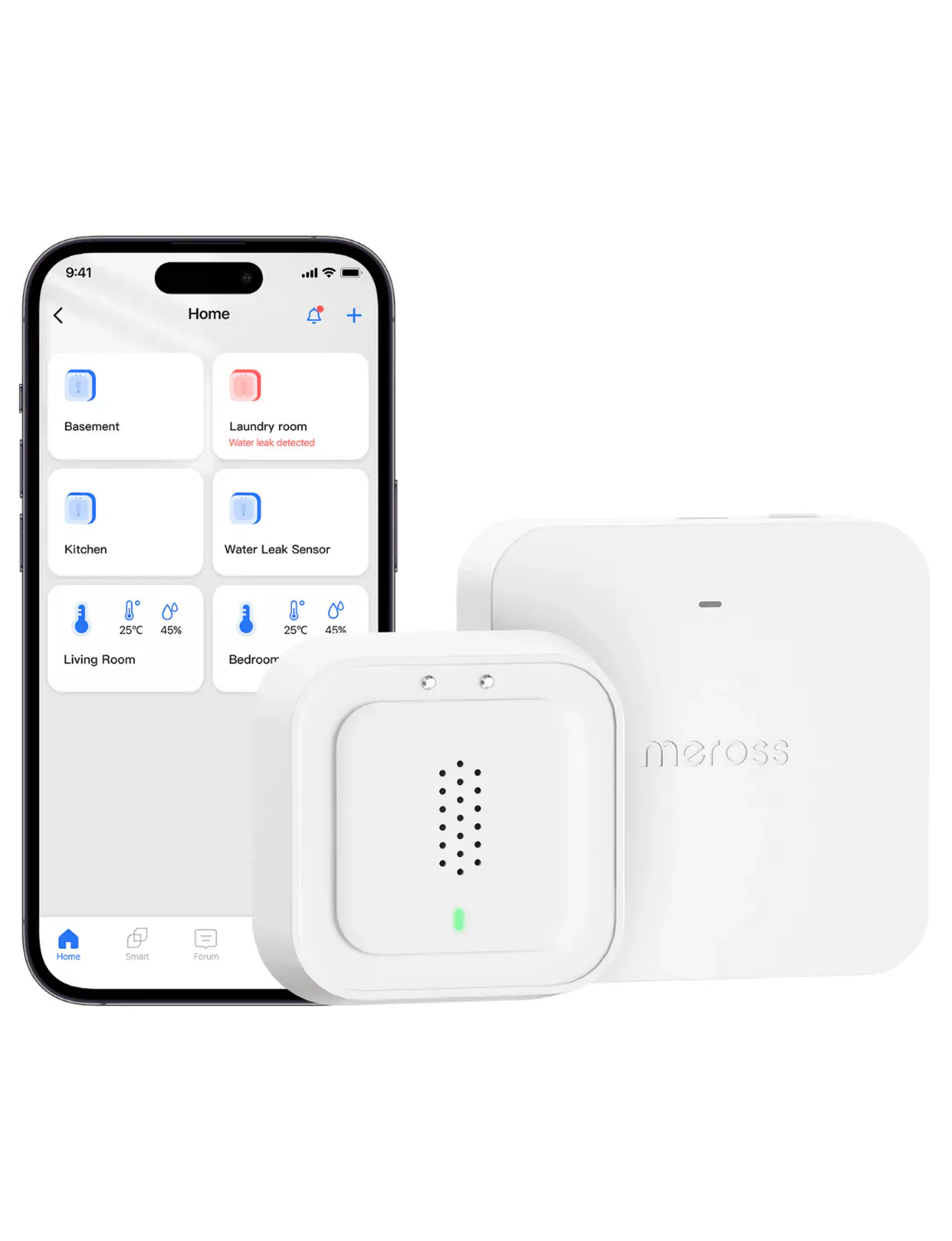 White Meross MS405 water leak sensor in front of the MSH450 hub and Meross app