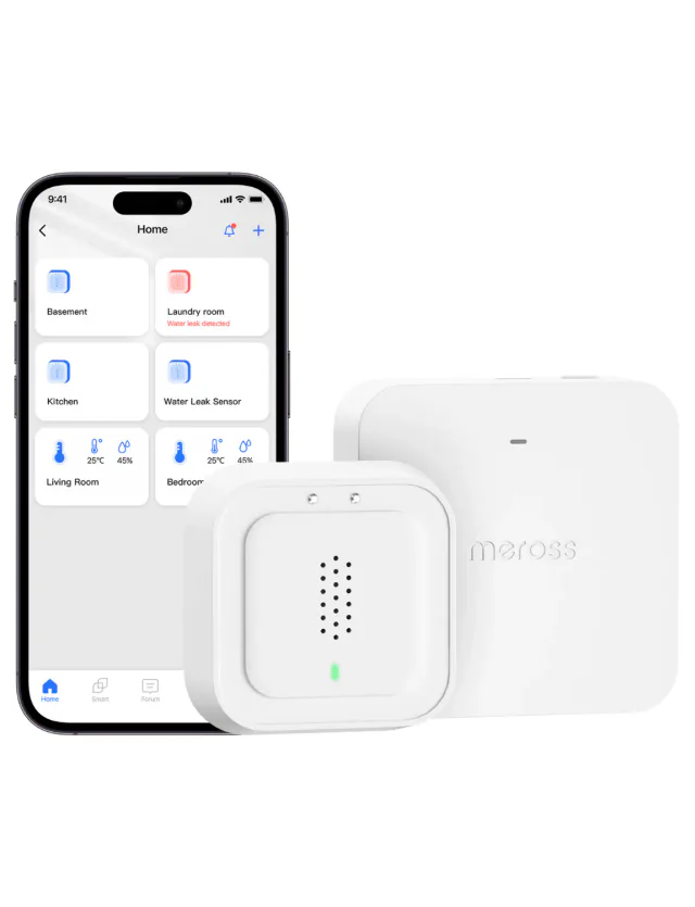 White Meross MS405 water leak sensor in front of the MSH450 hub and Meross app