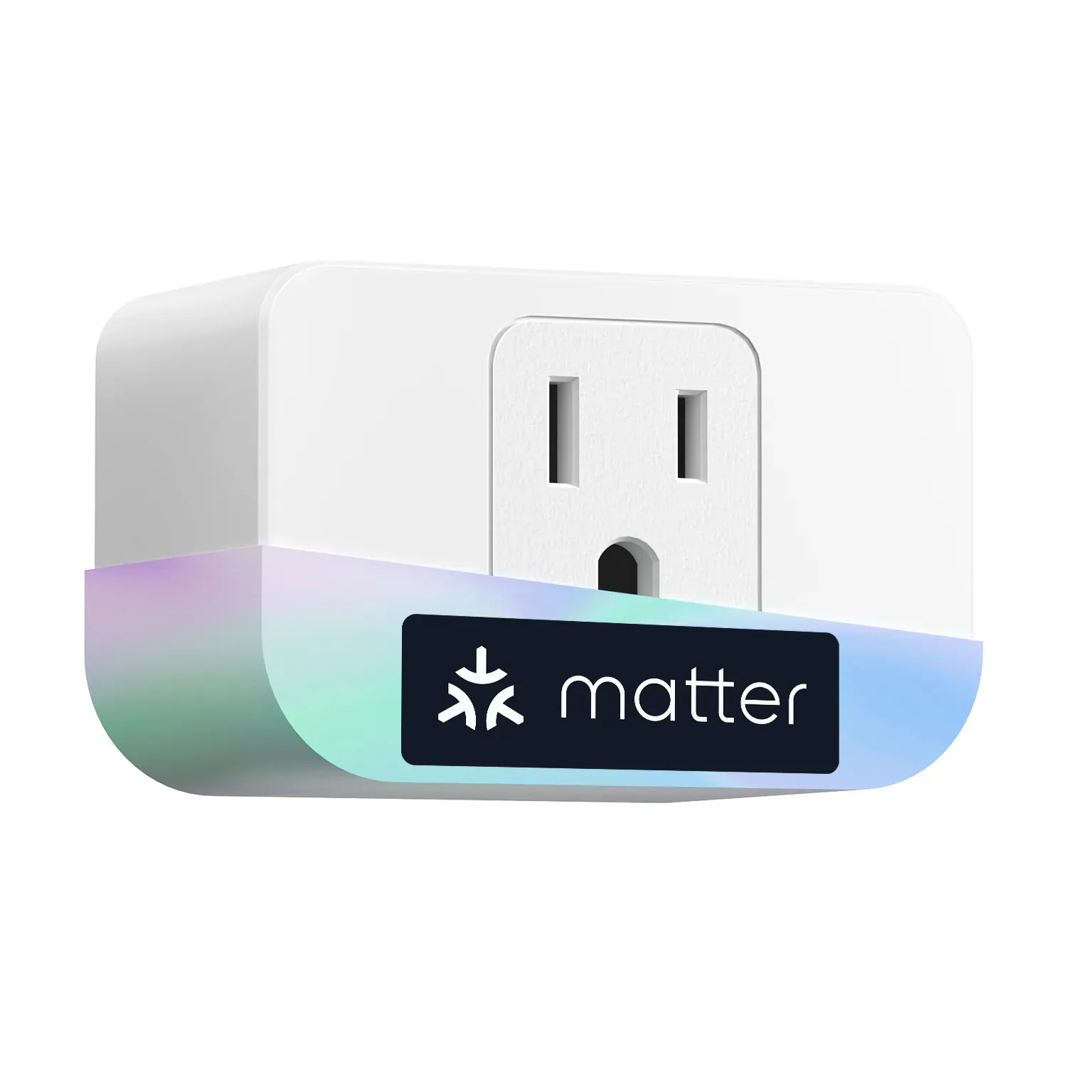 Official image of one white Meross MSS315 US plug with the manufacturer's overlaid Matter graphic