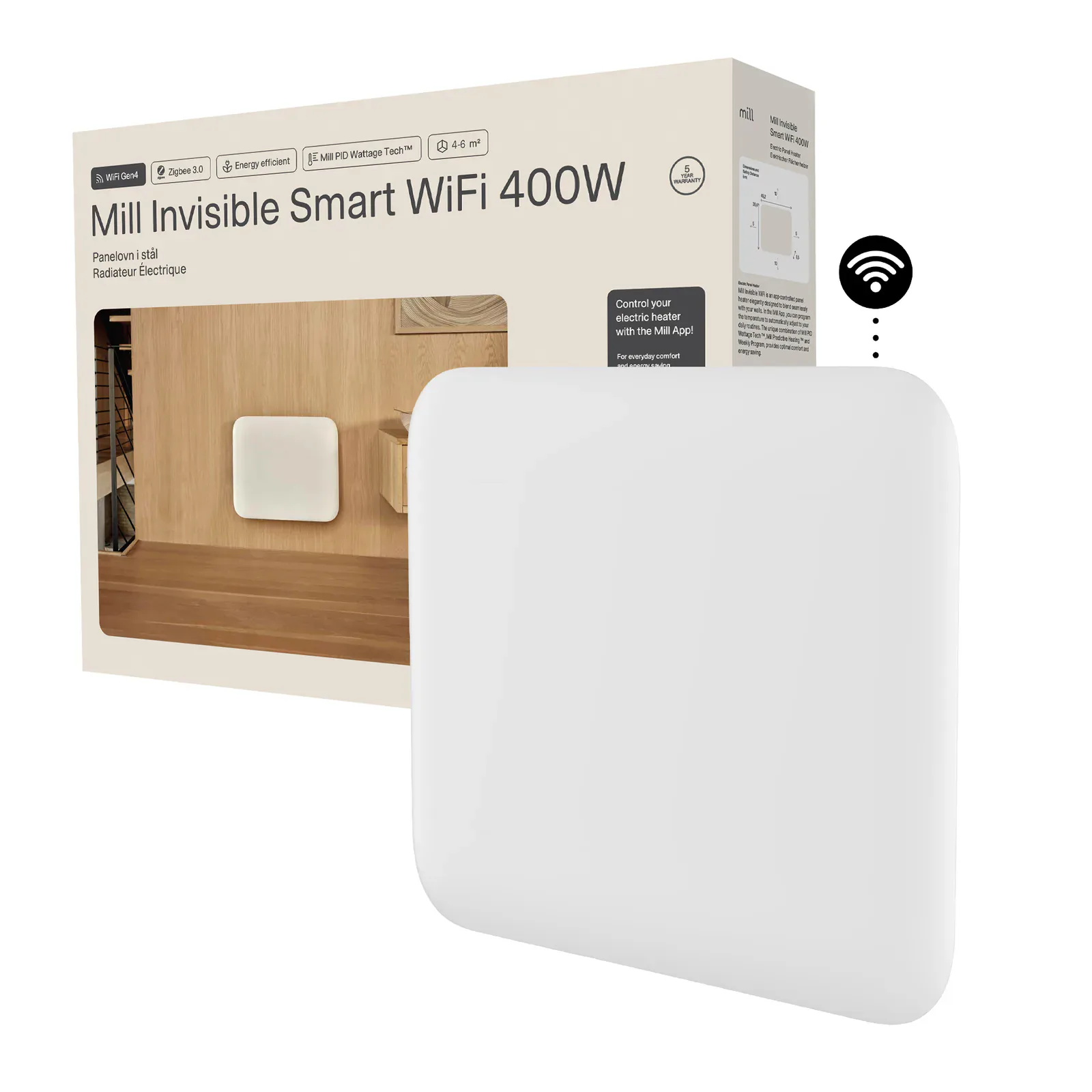 White Mill Invisible 400W Gen 4 panel heater beside its retail box