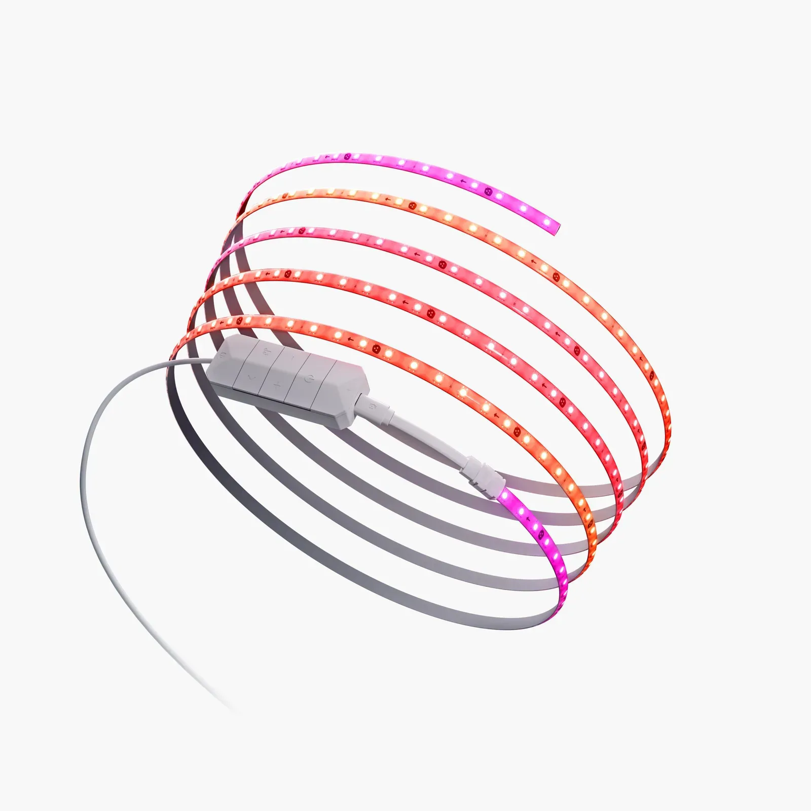 Nanoleaf standard multicolor lightstrip glowing pink and orange beside its white wired controller