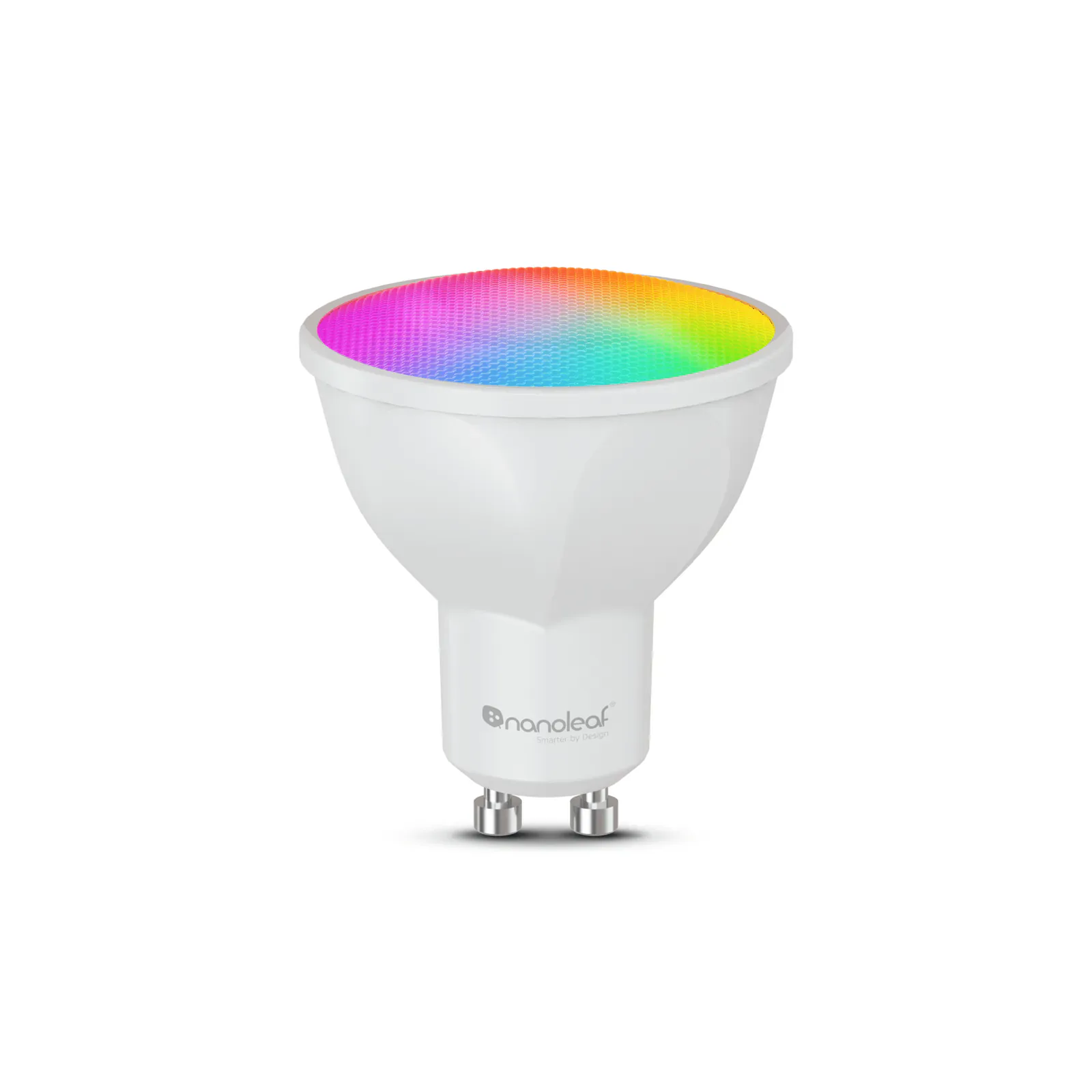 White Nanoleaf GU10 spotlight bulb with a faceted body, two twist-lock contacts and a multicolor lens illustration