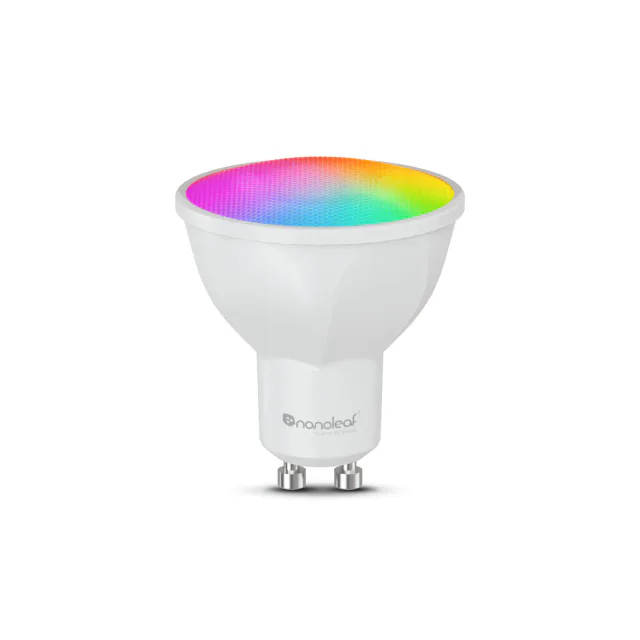 White Nanoleaf GU10 spotlight bulb with a faceted body, two twist-lock contacts and a multicolor lens illustration