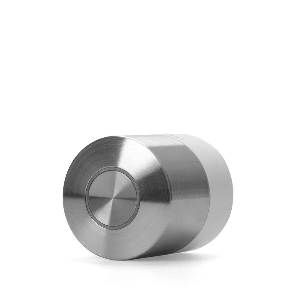 Stainless-steel Nuki Smart Lock Pro fifth generation with its white base ring