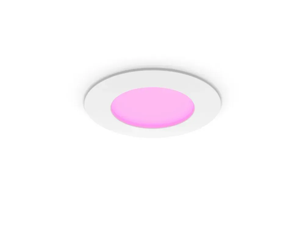White round Philips Hue 4-inch Slim Downlight with a pink-lit centre