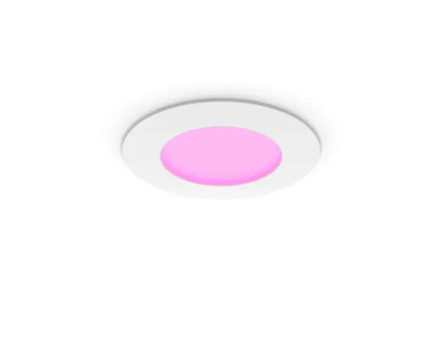 White round Philips Hue 4-inch Slim Downlight with a pink-lit centre