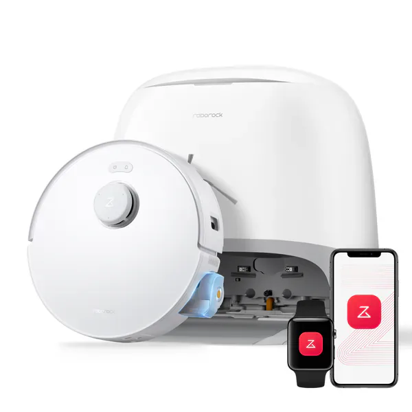 White Roborock Qrevo Curv 2 Flow with its dock, a roller-mop illustration and phone and watch app screens