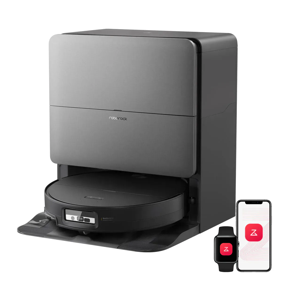 Black Roborock Saros 20 Sonic and dock with illustrative phone and watch app screens