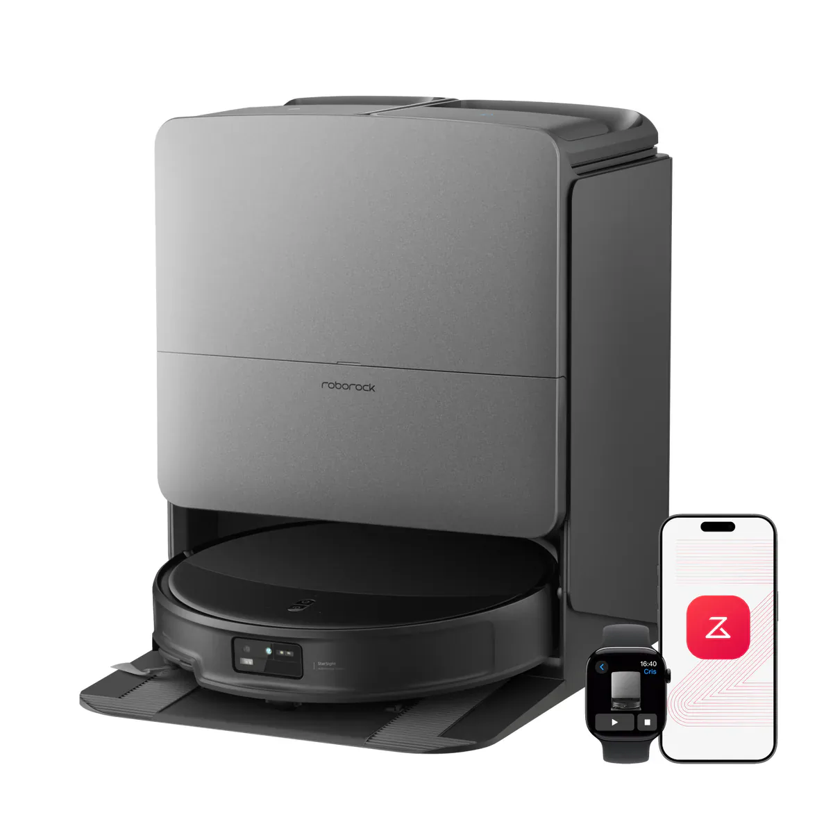 Dark Roborock Saros 20 and dock with illustrative phone and watch app screens