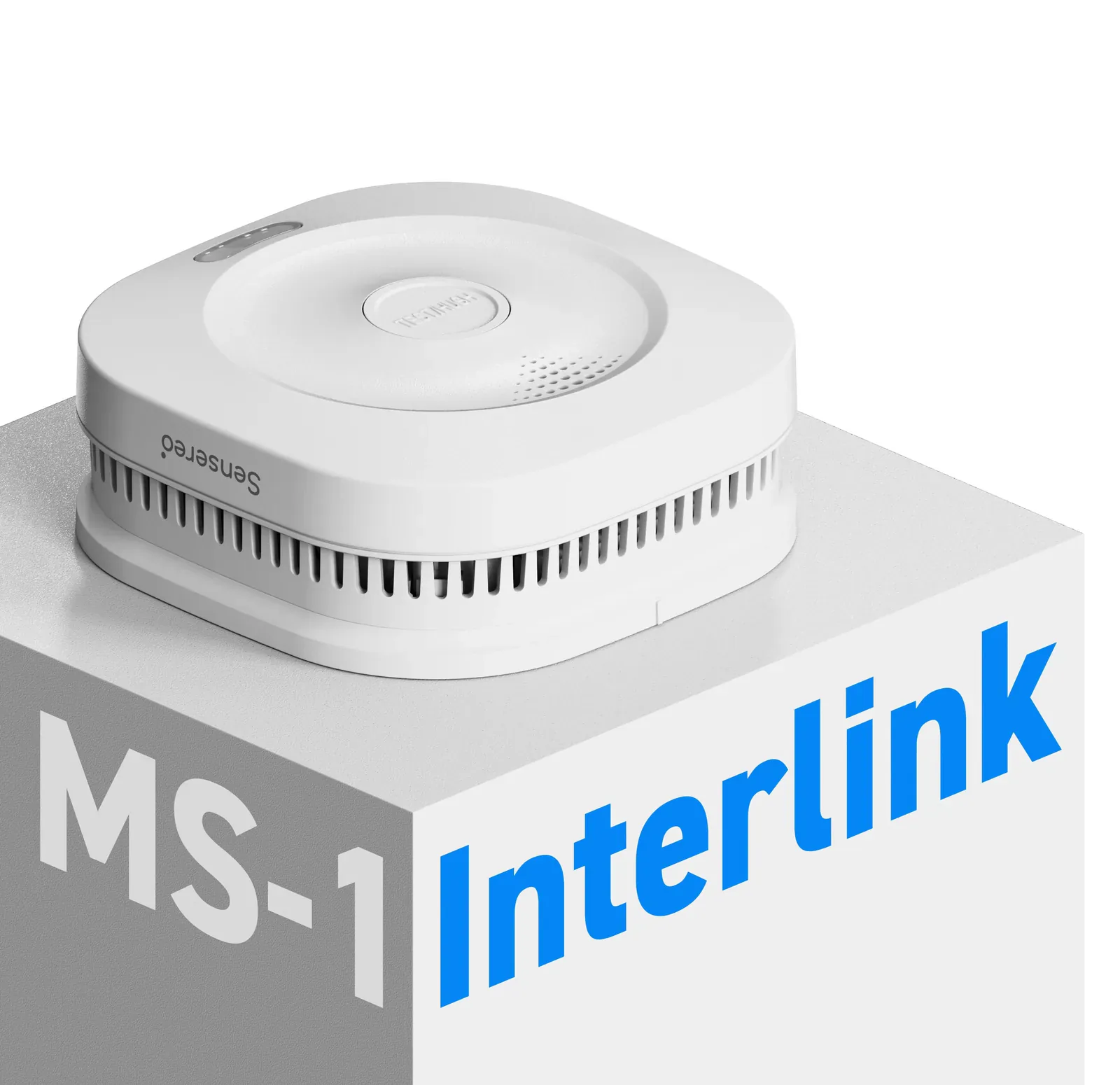White Sensereo MS-1 Interlink smoke alarm displayed on its product box