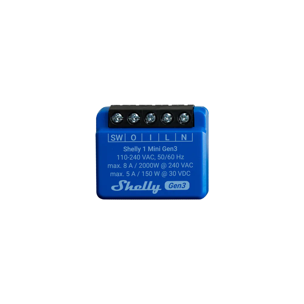 Blue Shelly 1 Mini Gen3 showing its five black screw terminals and 8 A rating