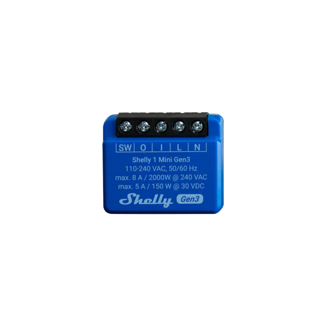 Blue Shelly 1 Mini Gen3 showing its five black screw terminals and 8 A rating