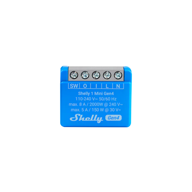Blue Shelly 1 Mini Gen4 showing its five grey screw terminals and 8 A rating