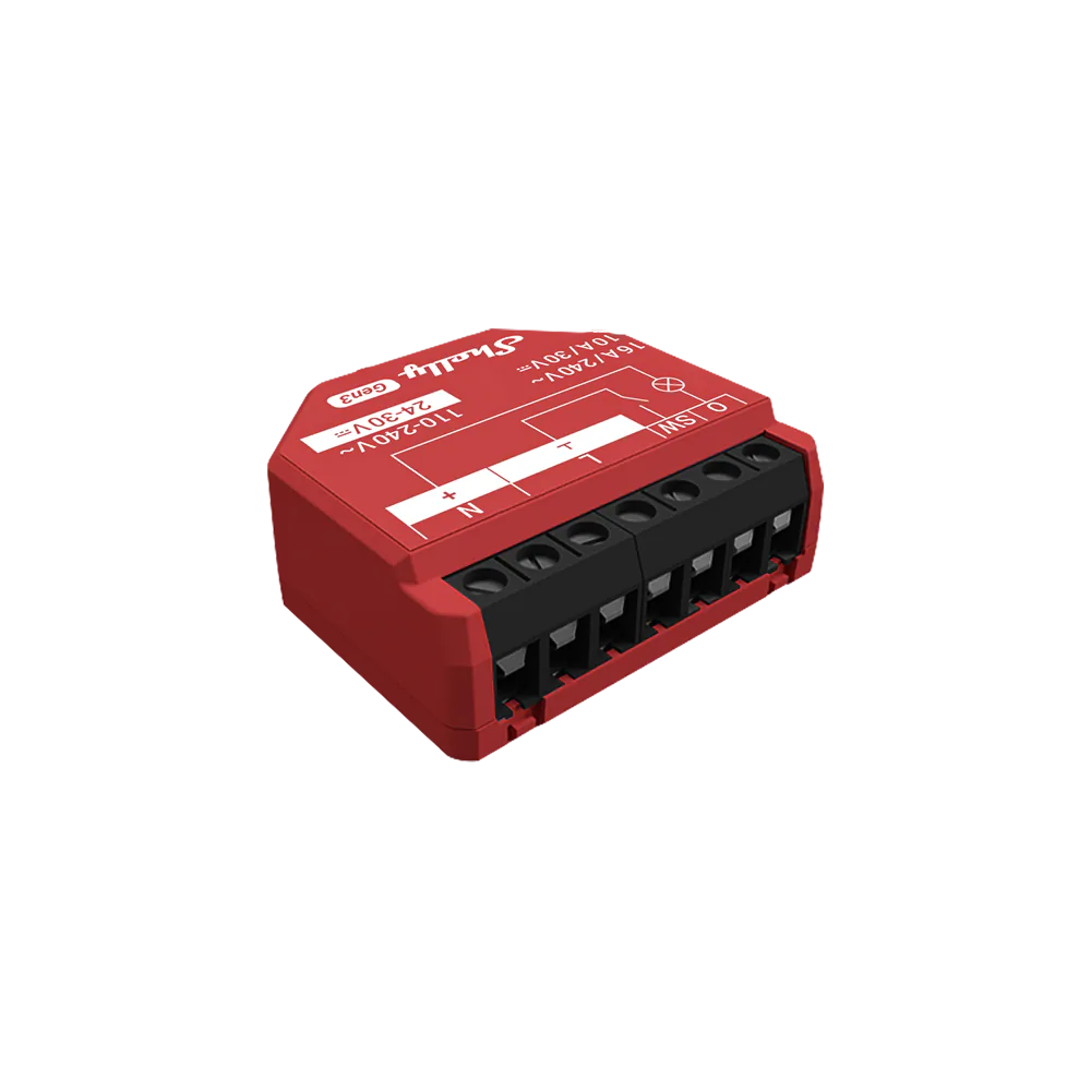 Red Shelly 1PM Gen3 with black screw terminals and a 16 A AC rating
