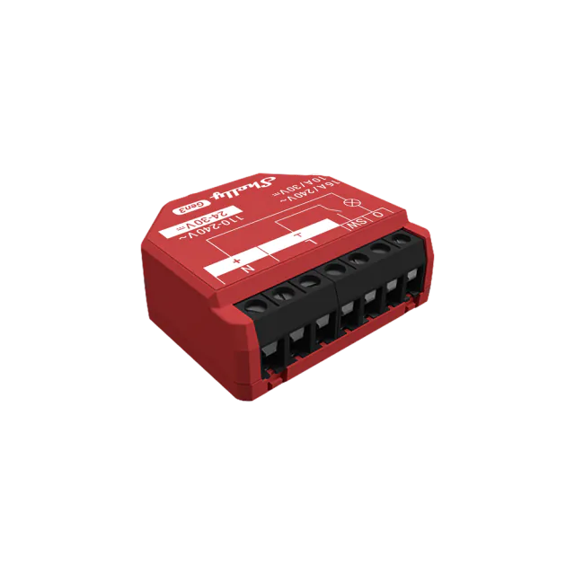 Red Shelly 1PM Gen3 with black screw terminals and a 16 A AC rating