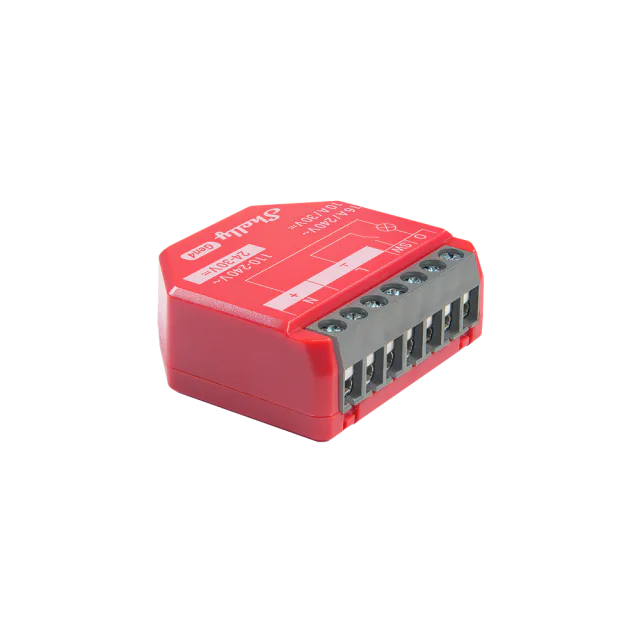Red Shelly 1PM Gen4 with grey screw terminals and a 16 A AC rating