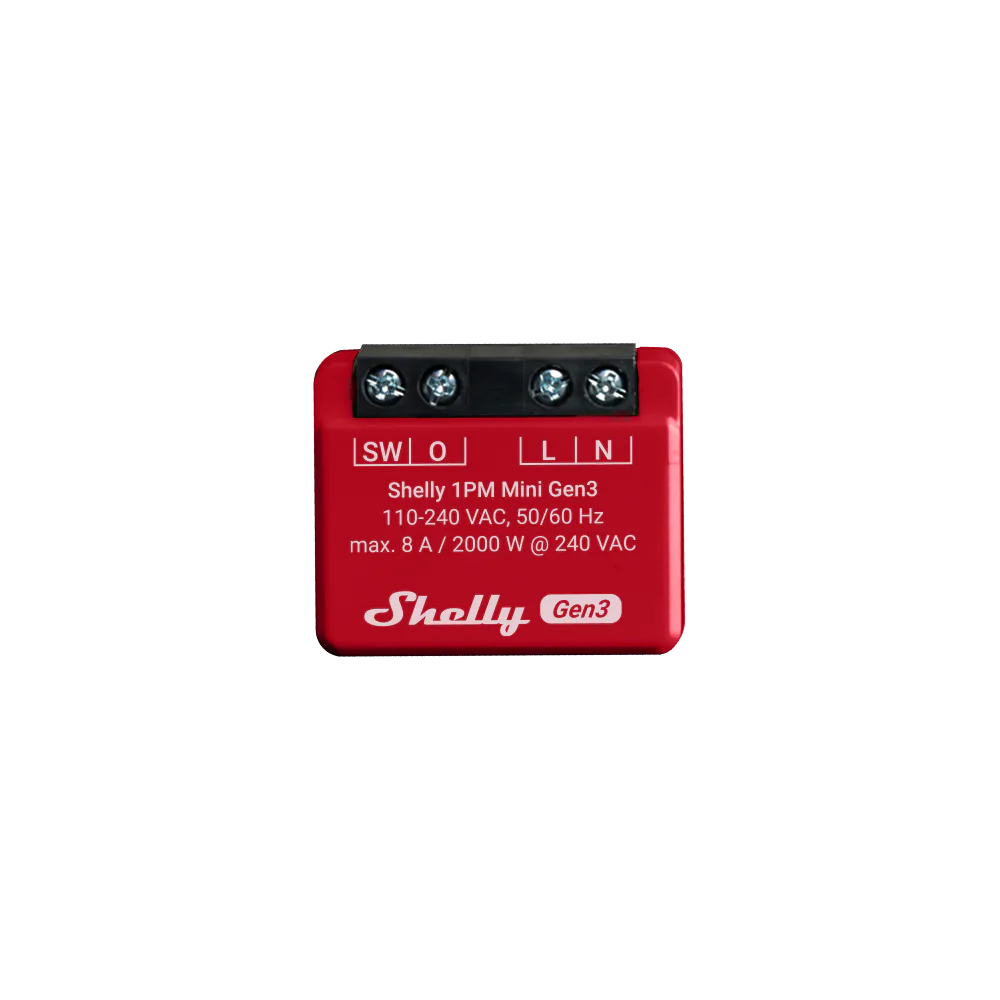 Red Shelly 1PM Mini Gen3 with four black screw terminals and an 8 A AC rating