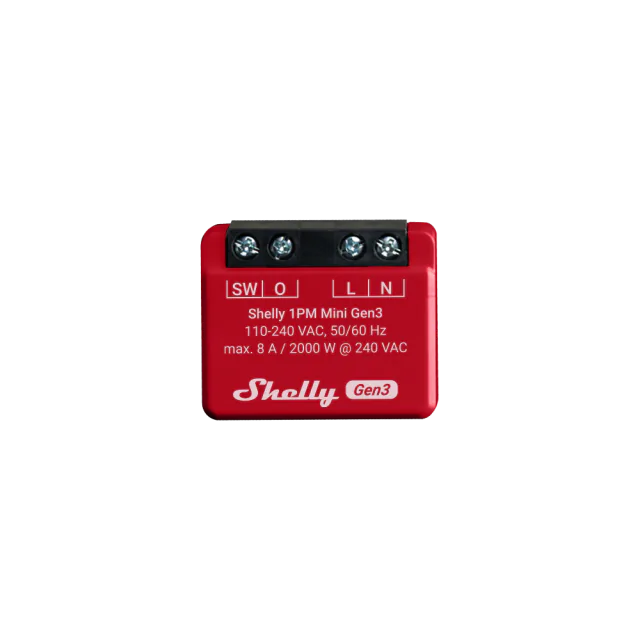 Red Shelly 1PM Mini Gen3 with four black screw terminals and an 8 A AC rating