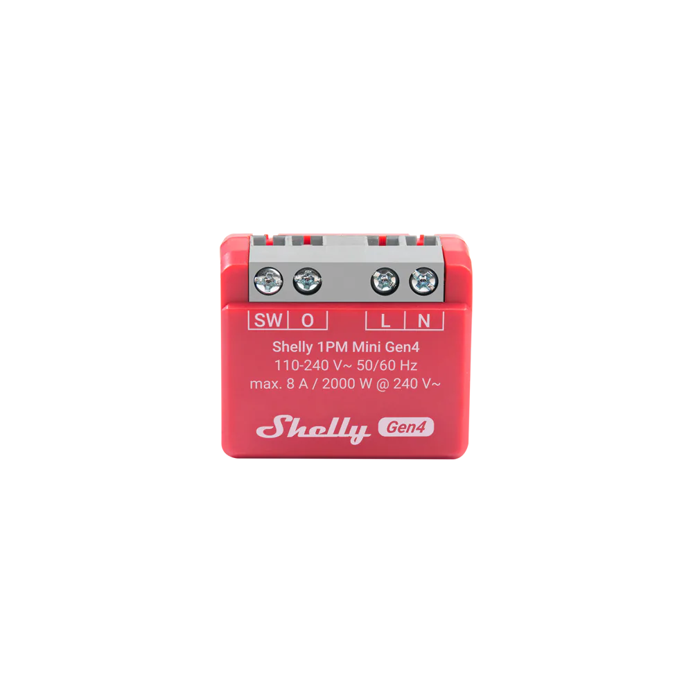 Red Shelly 1PM Mini Gen4 with four grey screw terminals and an 8 A AC rating