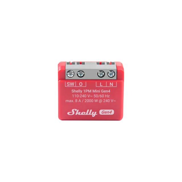 Red Shelly 1PM Mini Gen4 with four grey screw terminals and an 8 A AC rating