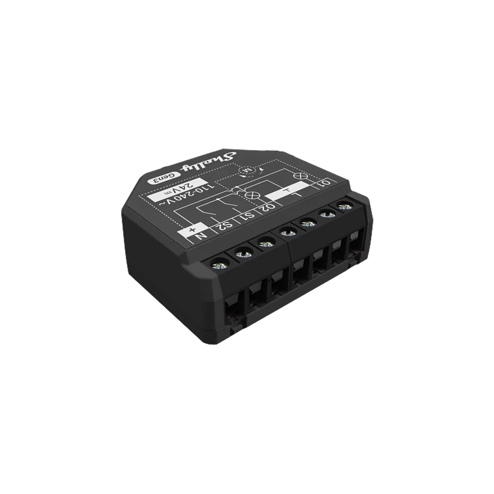 Black Shelly 2PM Gen3 module with black screw terminals and its two-channel wiring diagram printed on top