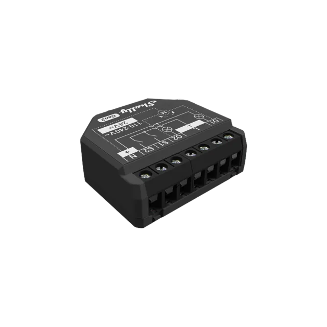 Black Shelly 2PM Gen3 module with black screw terminals and its two-channel wiring diagram printed on top
