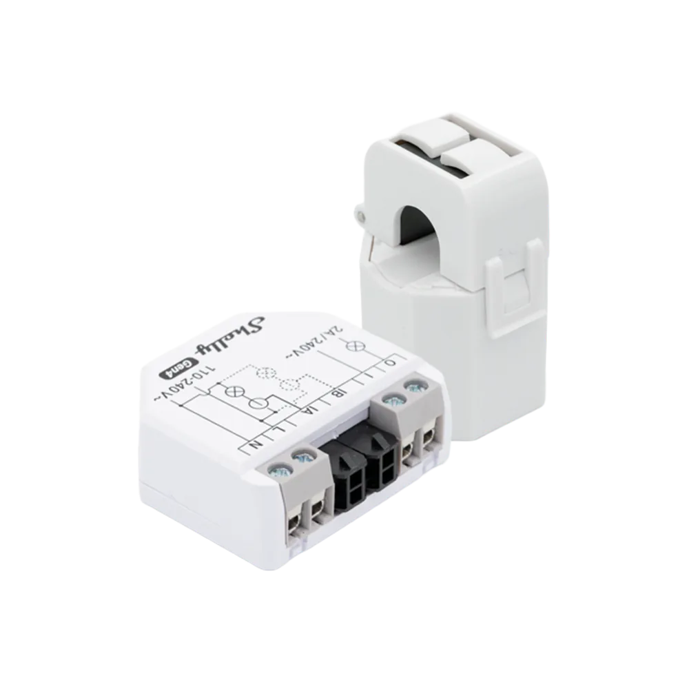 White Shelly EM Gen4 energy meter with grey terminals and one separate white current clamp
