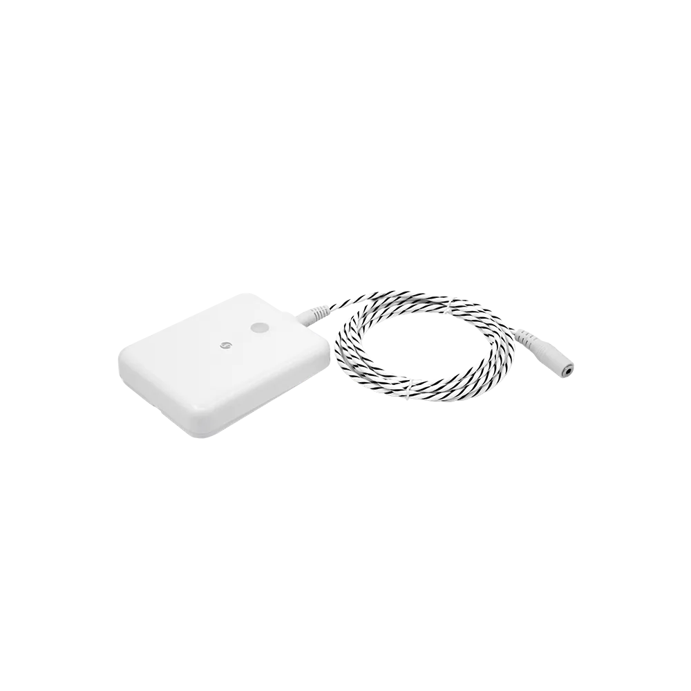 White rectangular Shelly Flood Gen4 with its coiled water-sensing cable
