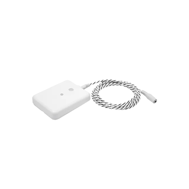 White rectangular Shelly Flood Gen4 with its coiled water-sensing cable