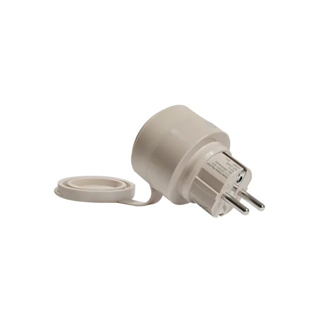 Mocha Shelly Outdoor Plug S Gen3 with European pins and its hinged protective socket cap open
