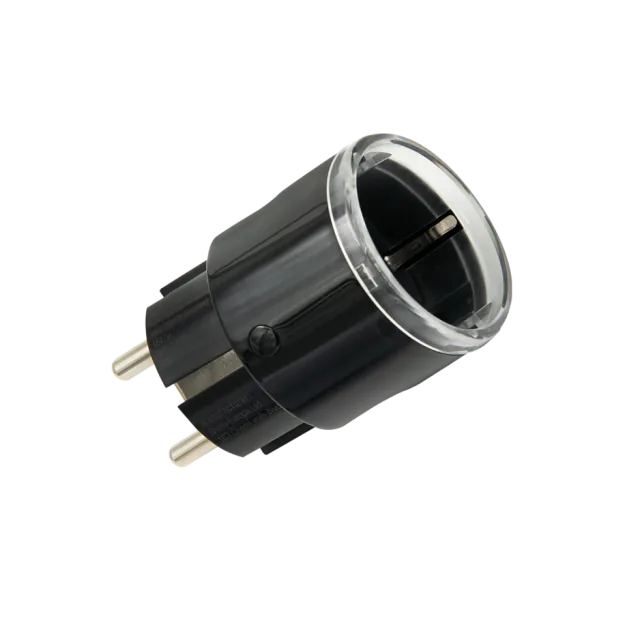 Black Shelly Plug S MTR Gen3 with a transparent LED ring and European plug pins
