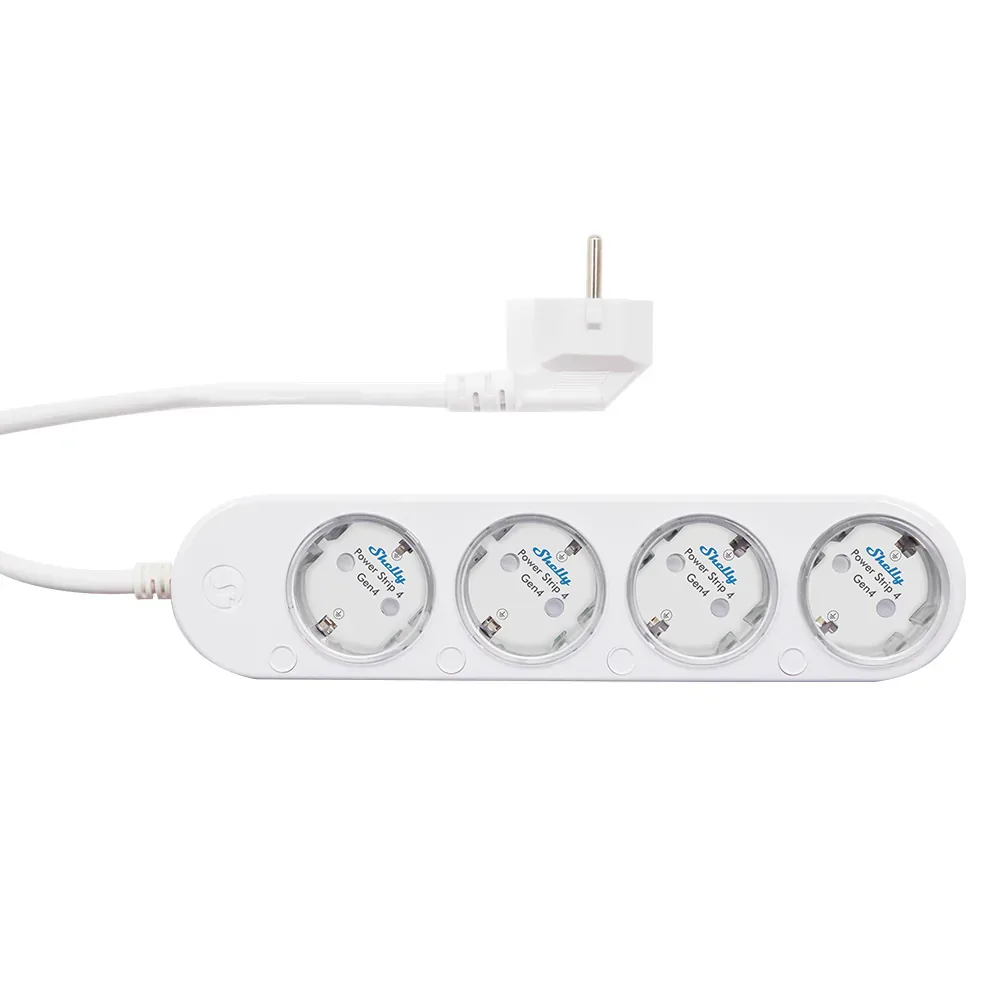 White Shelly Power Strip 4 Gen4 with four Schuko sockets, individual buttons, cord, and European plug