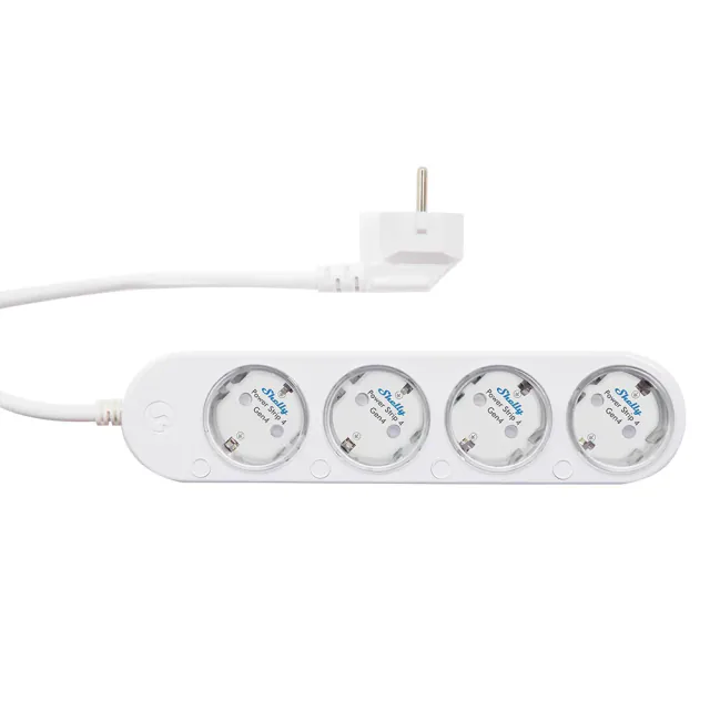 White Shelly Power Strip 4 Gen4 with four Schuko sockets, individual buttons, cord, and European plug