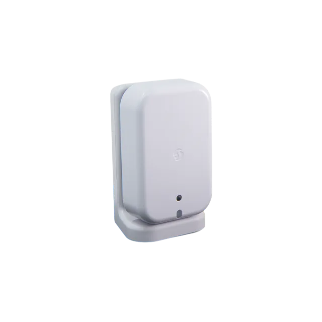 White Shelly Presence Gen4 radar sensor on its weighted desk stand