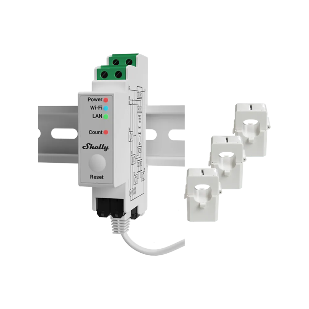 Shelly Pro 3EM meter mounted on a DIN rail with an Ethernet cable and three separate white current clamps