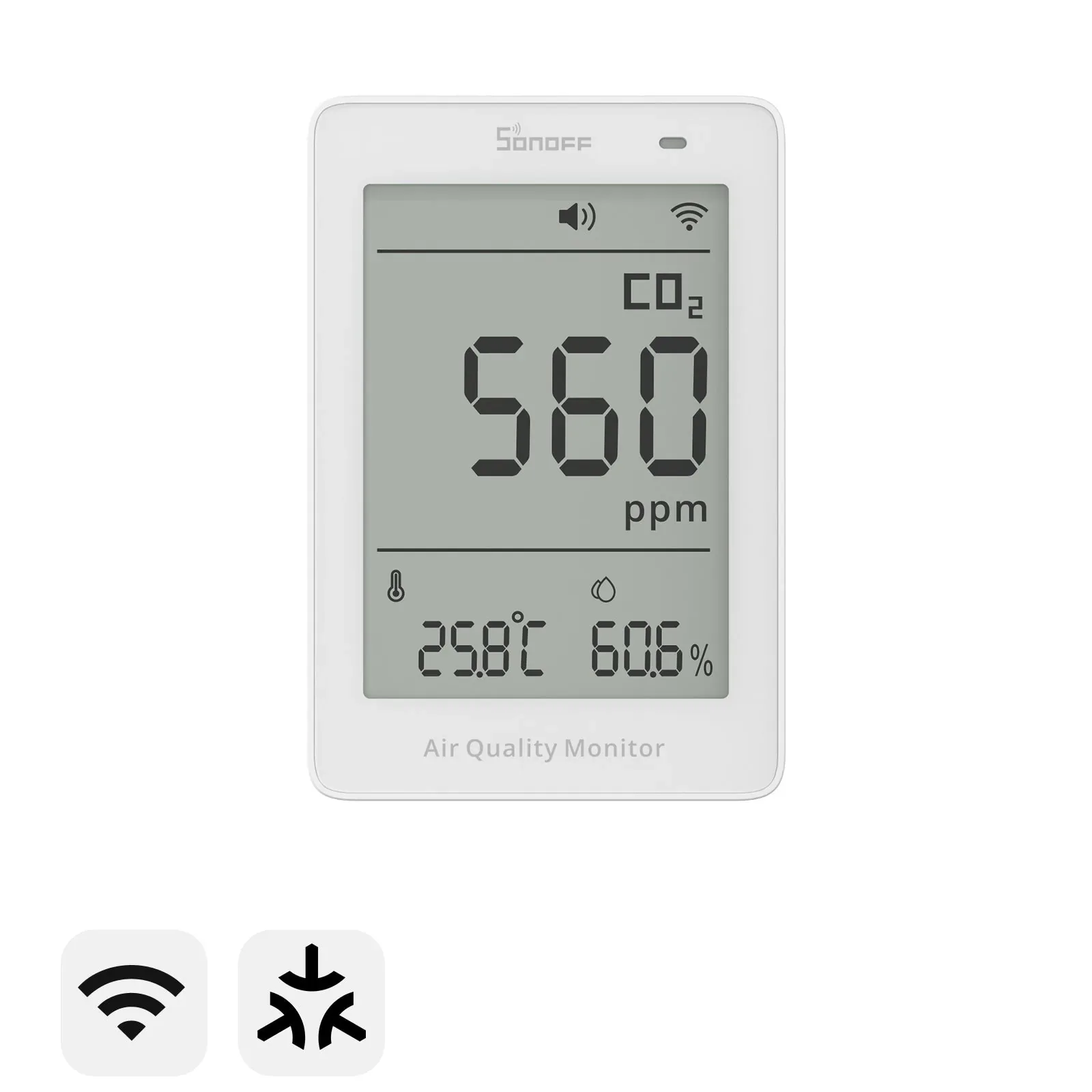 White SONOFF AirGuard CO2 monitor showing carbon dioxide, temperature, and humidity readings