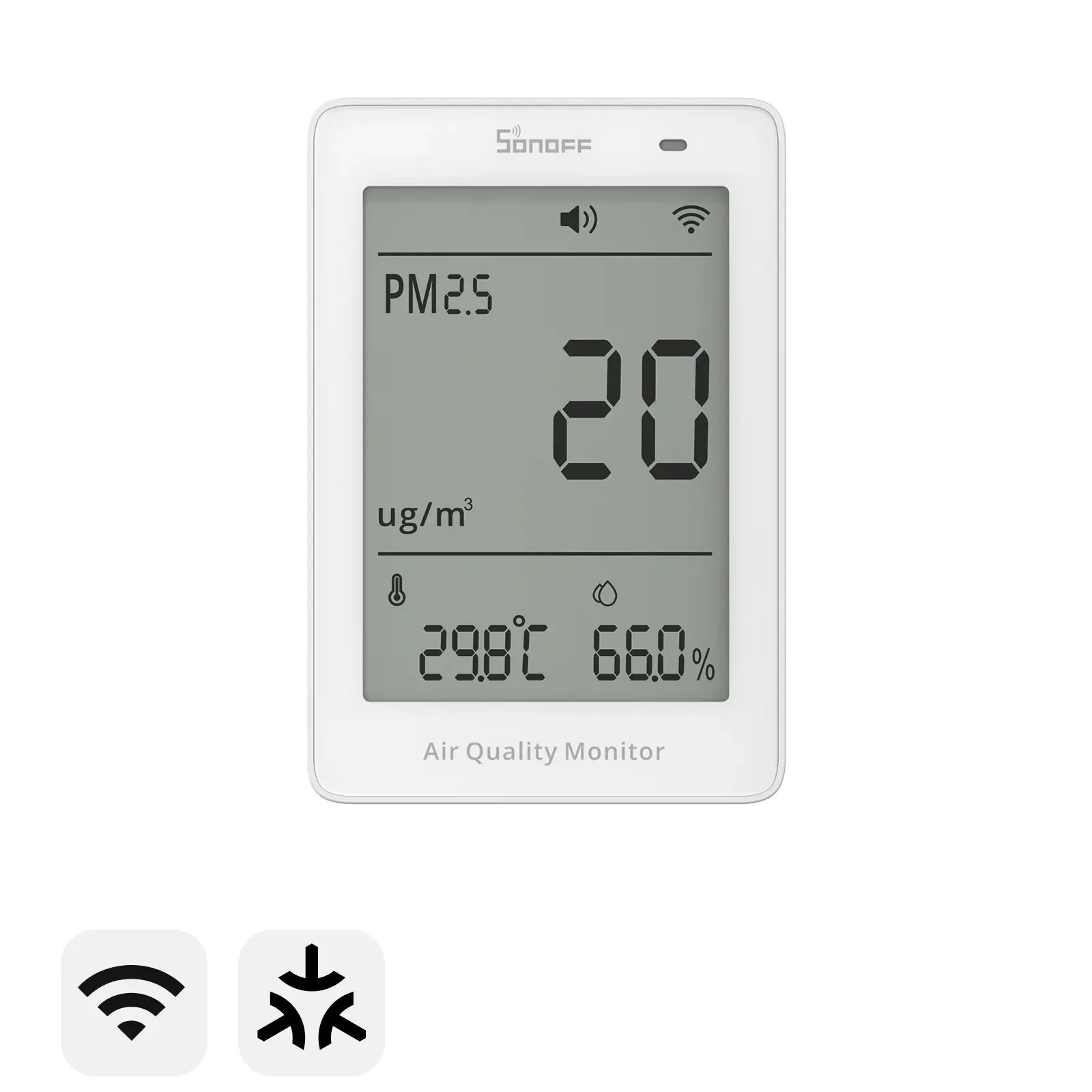 White SONOFF AirGuard SAWF-07P displaying a PM2.5 reading, temperature, and humidity