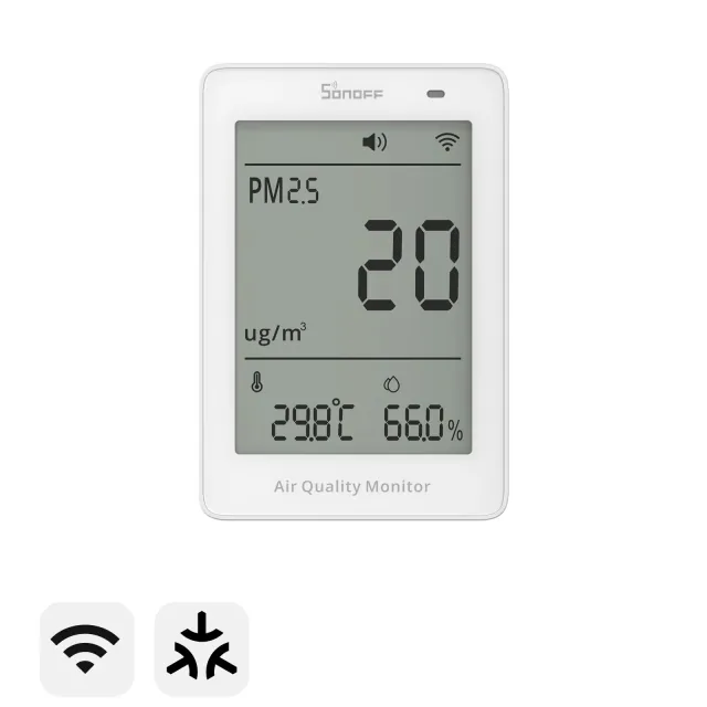 White SONOFF AirGuard particle monitor showing PM2.5 concentration, temperature and humidity