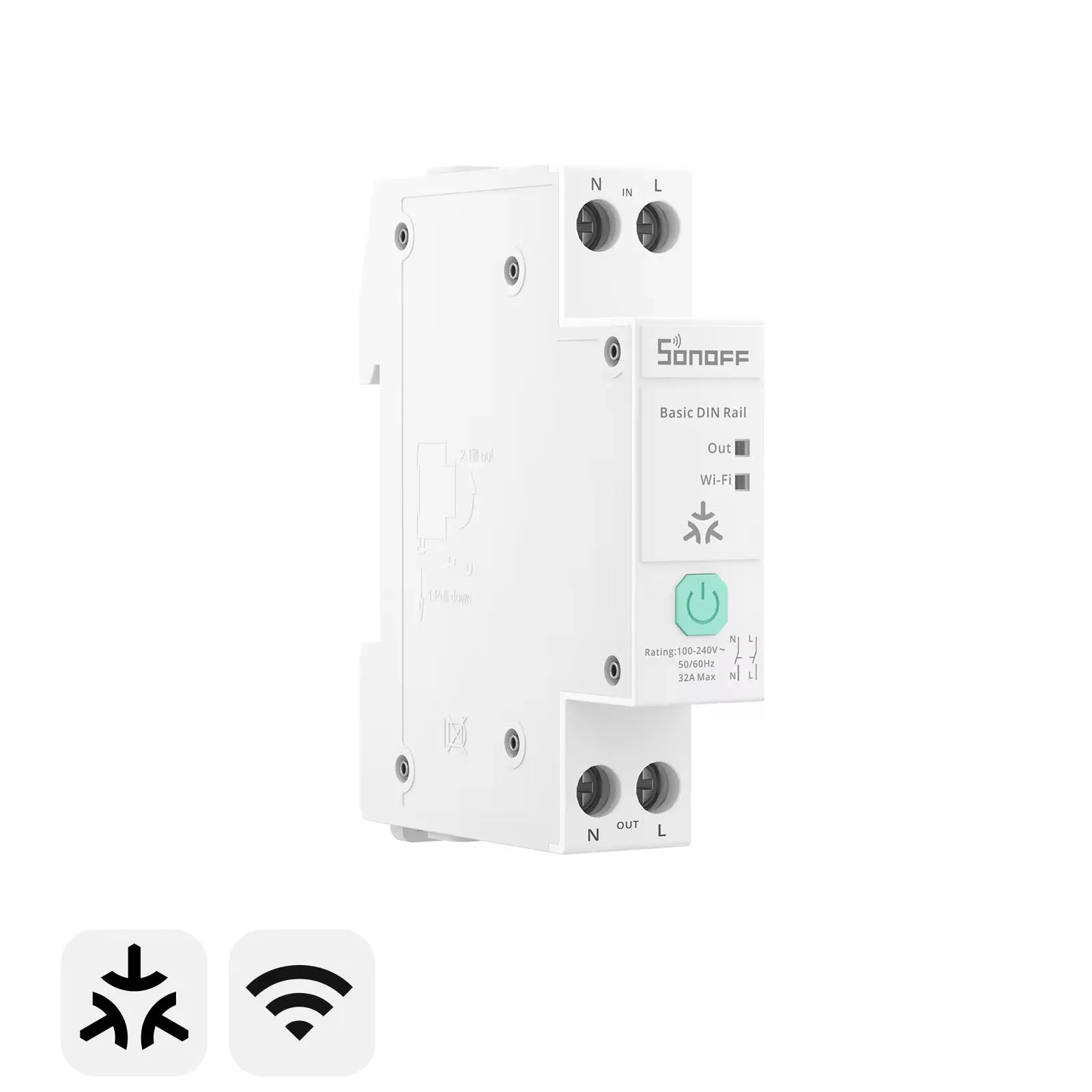White SONOFF BASIC-1GSP DIN-rail switch with live and neutral input and output terminals
