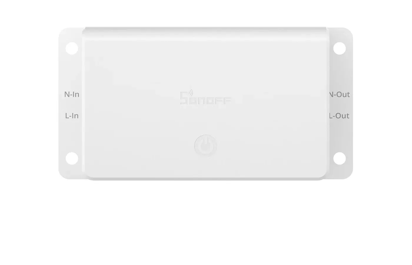 White SONOFF Basic Gen5 inline switch with labeled neutral and live input and output sides