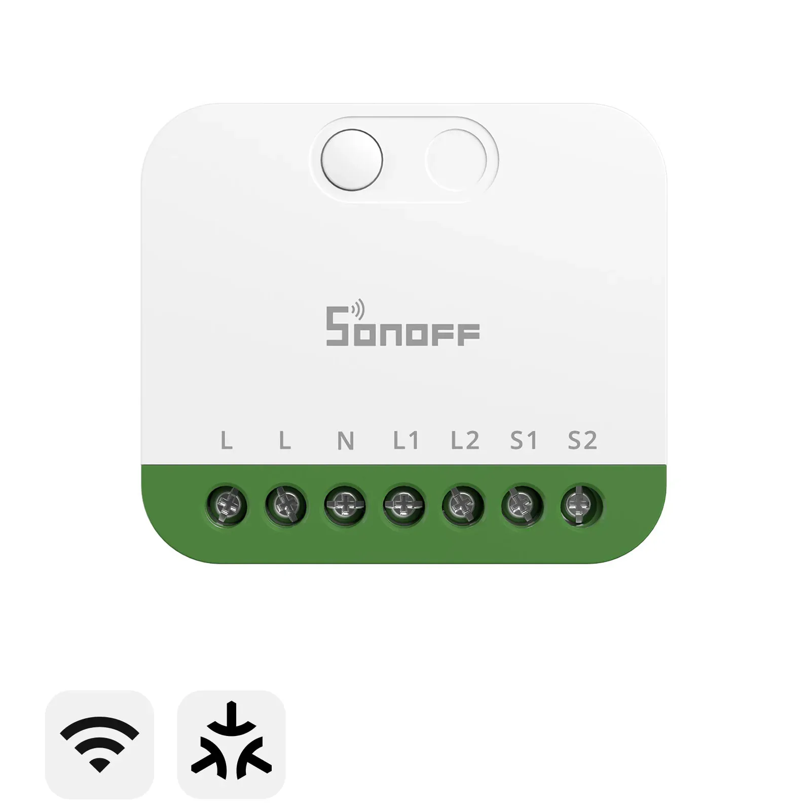 White SONOFF MINI-2GS dual-channel relay with labeled live, neutral, output, and switch terminals