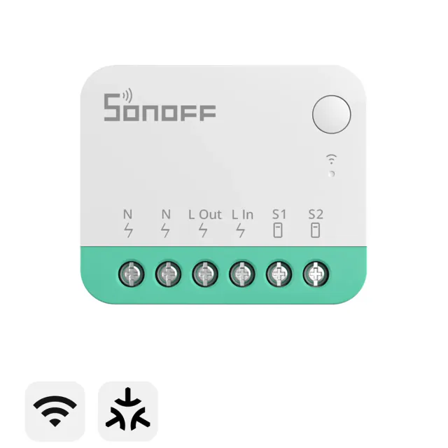 White SONOFF MINIR4M relay with a green strip of six screw terminals