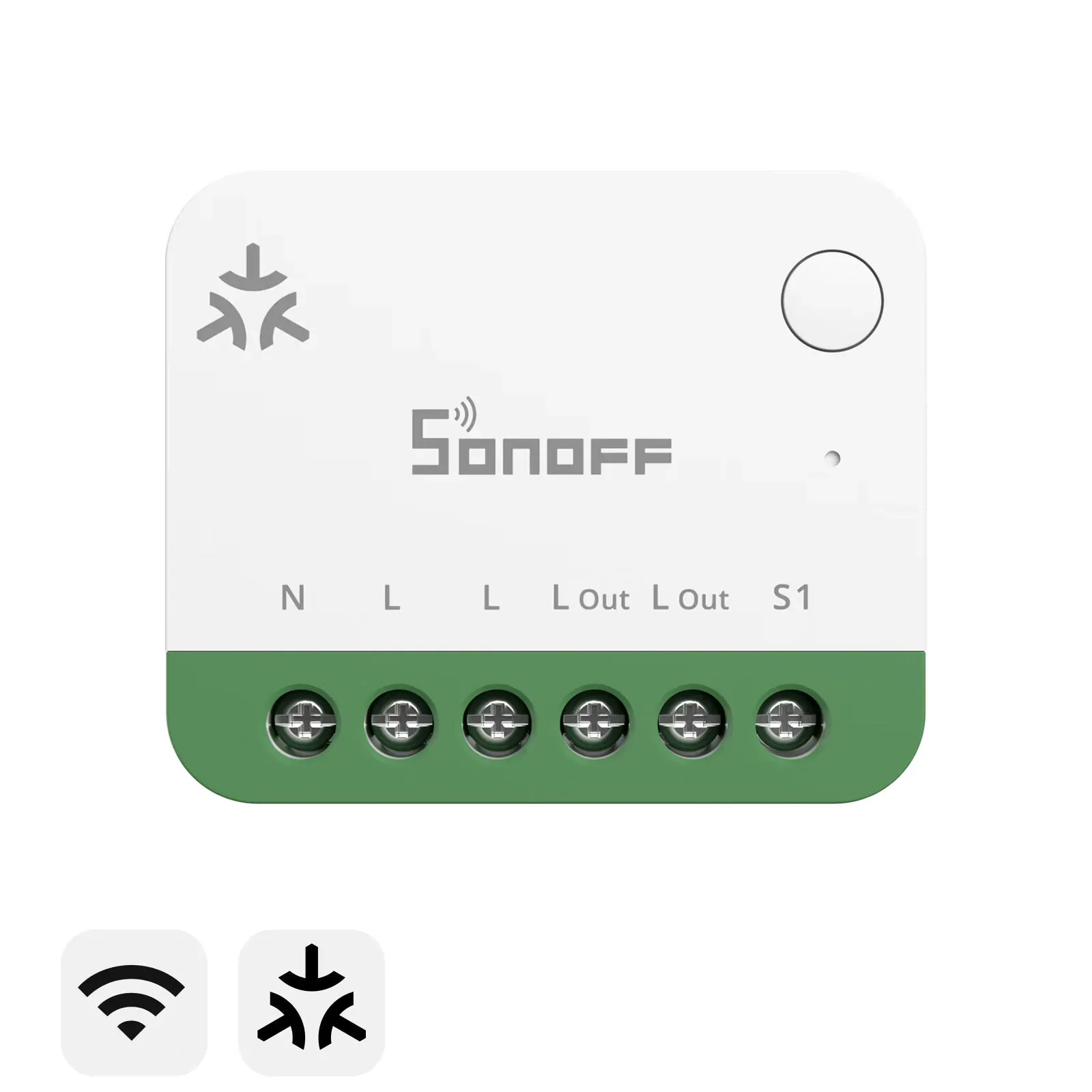White and green SONOFF MINI-1GSP relay with six screw terminals