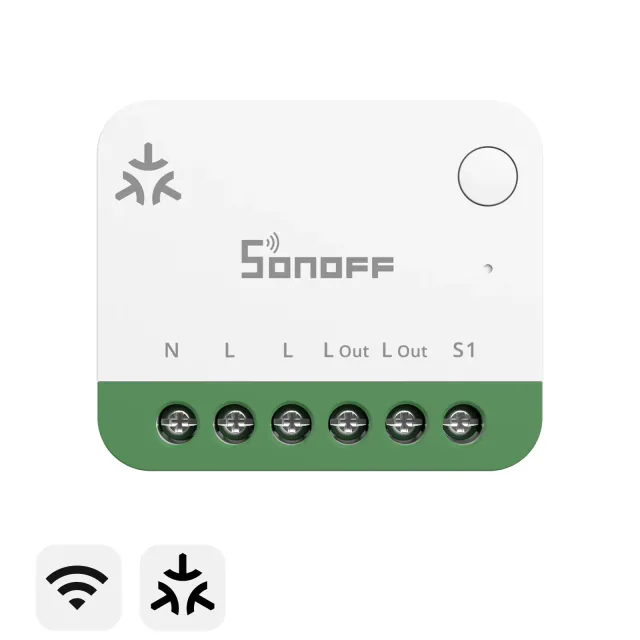 White SONOFF MINI ONE PM relay with a Matter logo and six green-backed screw terminals